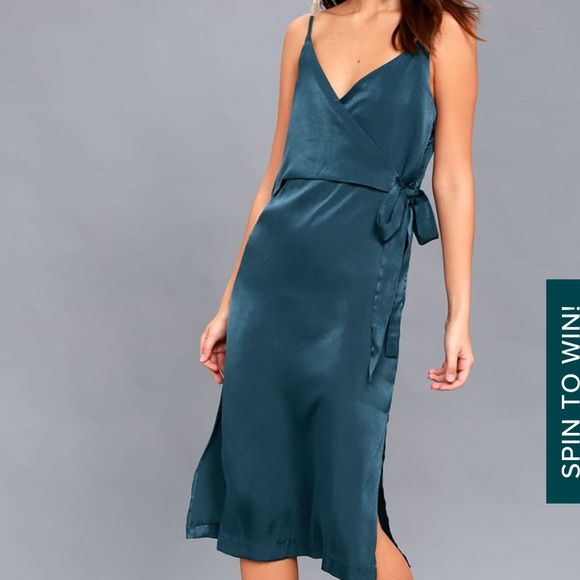 Never worn Lulus Teal Blue Satin Midi Wrap Dress.